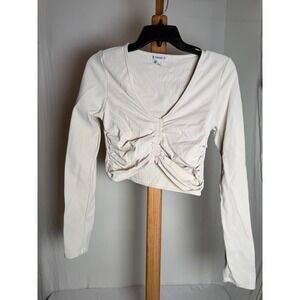 Forever 21 Womens Cream Ribbed Ruched V-Neck Long Sleeve Crop Top Size Large